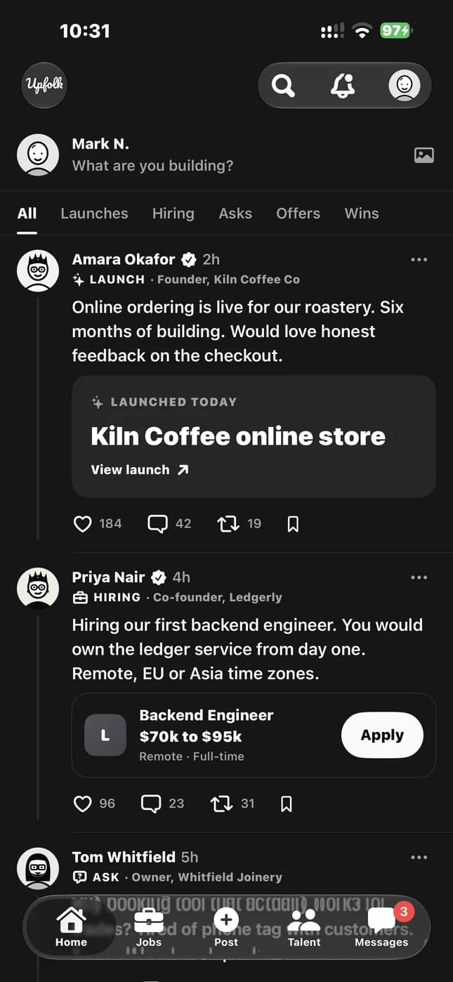 Upfolk home feed with launch, hiring and ask posts