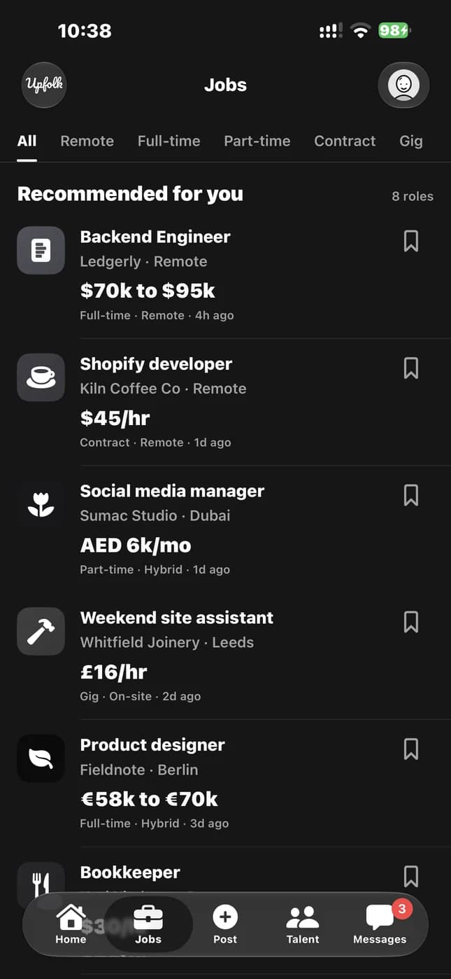 Upfolk jobs tab with roles and pay