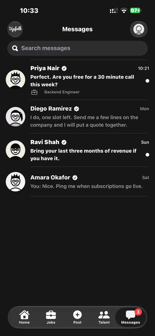 Upfolk messages inbox