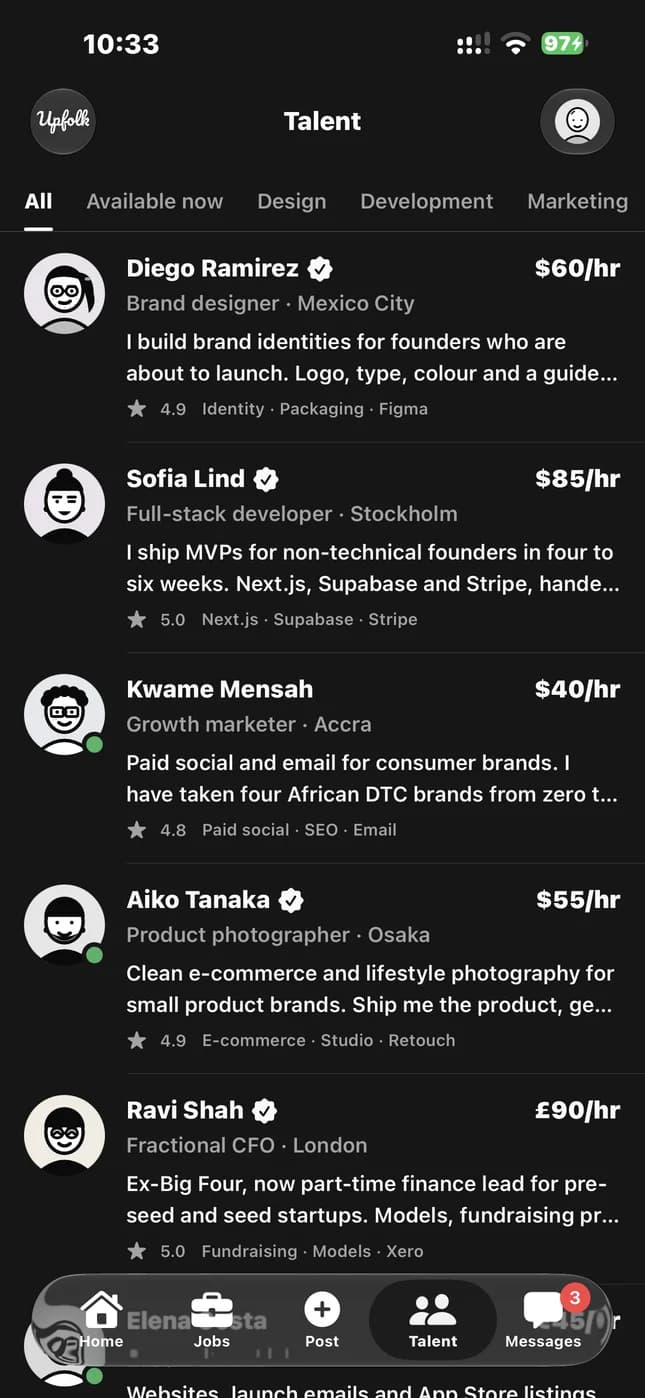 Upfolk talent tab with freelancers and their rates